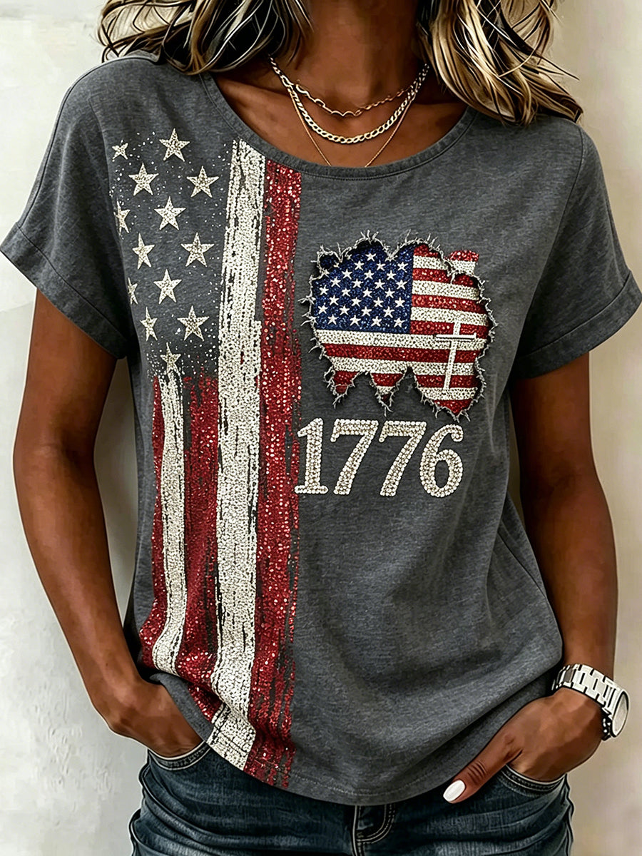 Women's Vintage American Flag Inspired Art Print Short-sleeved T-shirt