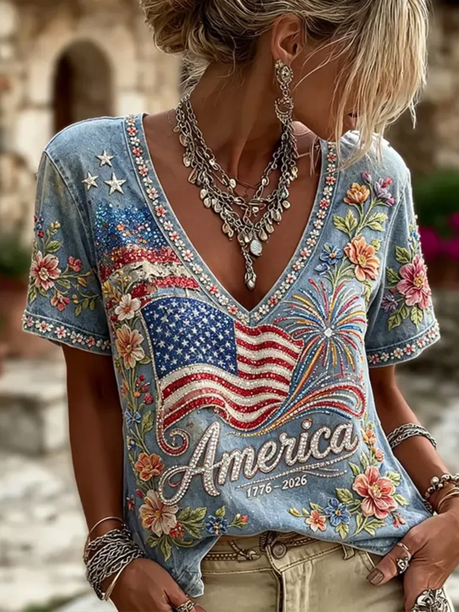 Women's Vintage American Anniversary Flag And Floral Print Linen Short-sleeved T-shirt