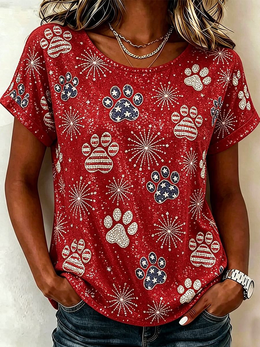 Women's Vintage American Flag Inspired Cat Paws Print Short-sleeved T-shirt