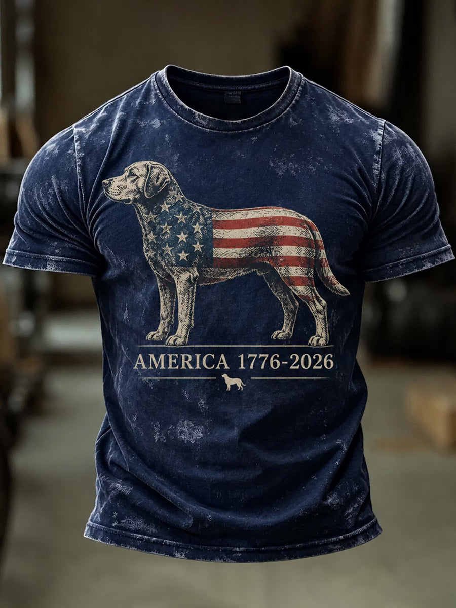 Men's Independence Day USA Flag Dog Print Casual Patriotic Tee