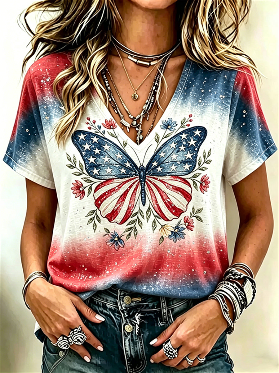 Women's American Flag Butterfly Floral Print Gradient linen short-sleeved T-shirt