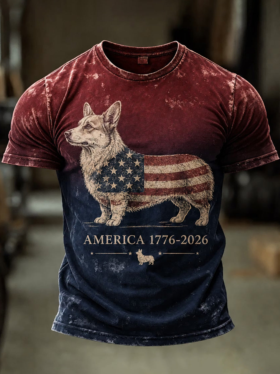 Men's Independence Day USA Flag Dog Print Casual Patriotic Tee