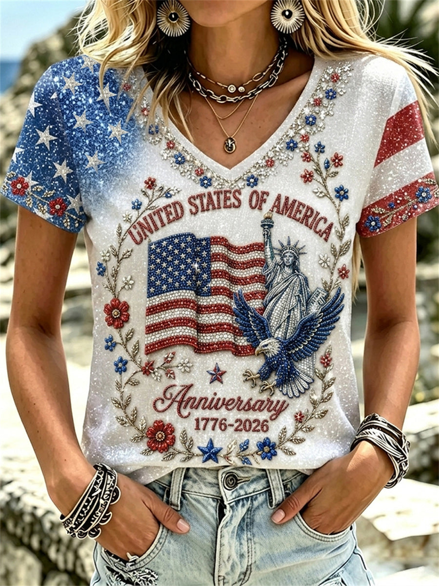 Women's USA Anniversary 1776-2026 Floral Glitter Print short-sleeved T-shirt