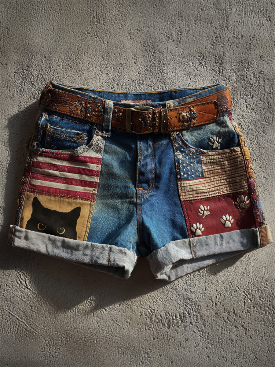 Women's Peeking Cat & Paw Prints American Flag Patchwork Print Denim Shorts