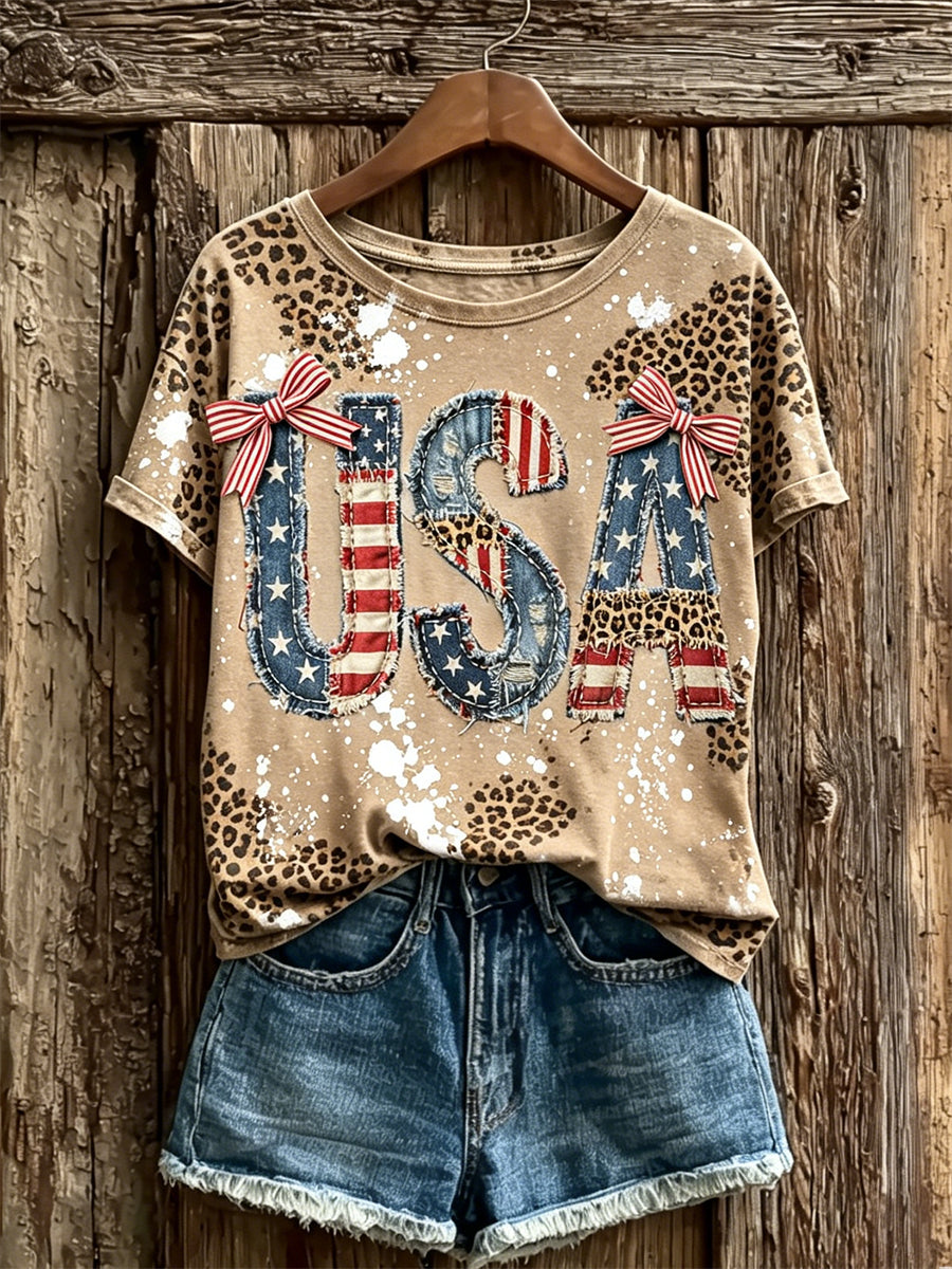 Women's Vintage USA Patchwork Art Print Leopard Bleached short-sleeved T-shirt