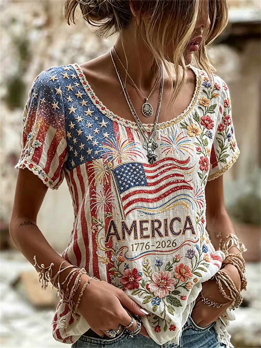 Women's America 1776-2026 Flag Floral Art Print linen short-sleeved T-shirt