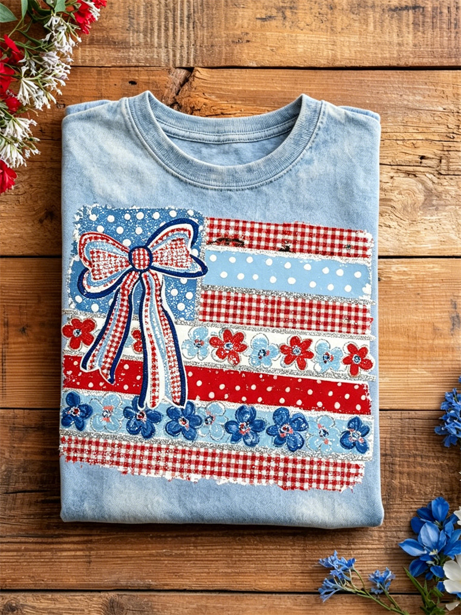 Women's Lovely Bow Knot Floral American Flag Print short-sleeved T-shirt