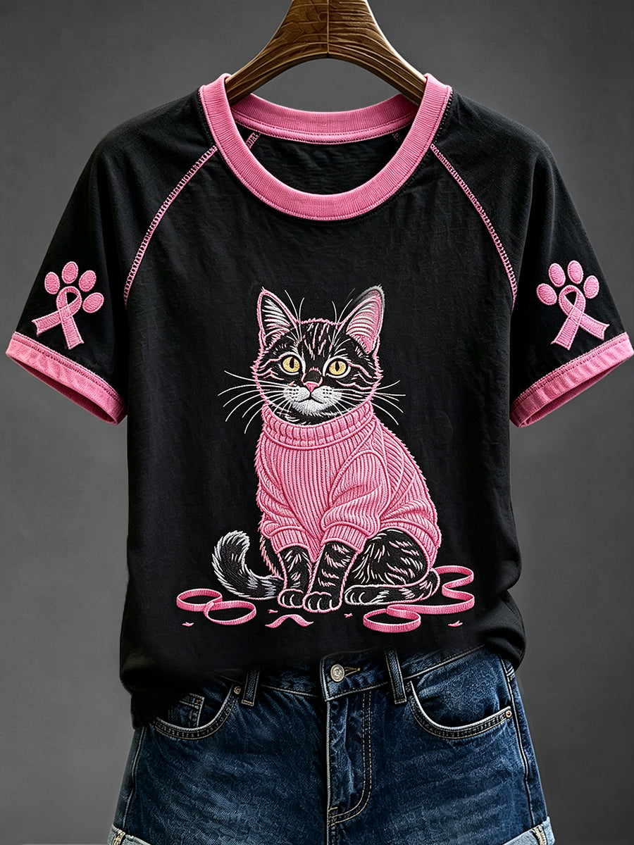 Women's Cute Cat Breast Cancer Awareness Funny Round Neck Short Sleeve T-shirt