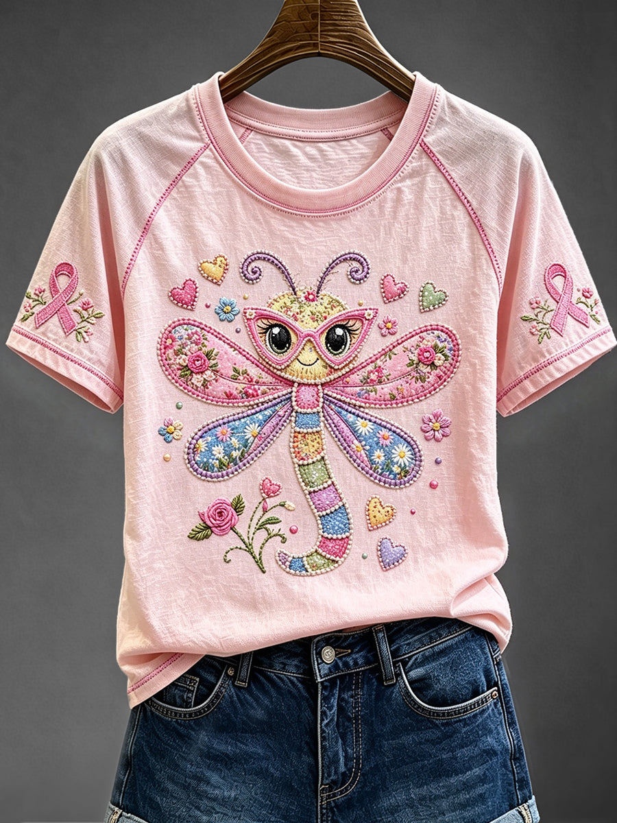 Women's Dragonfly Floral Pink Awareness Print Round Neck Short Sleeve T-shirt
