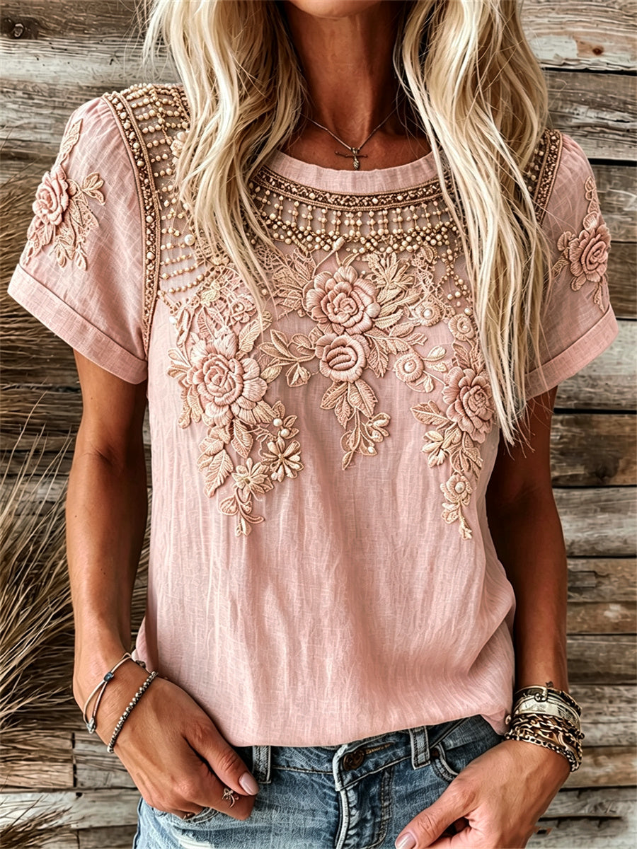 Women's Vintage Pink Floral Lace Art Print linen short-sleeved T-shirt