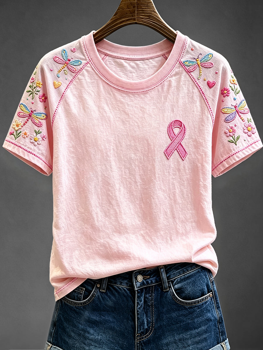 Women's Dragonfly Floral Pink Awareness Print Round Neck Short Sleeve T-shirt