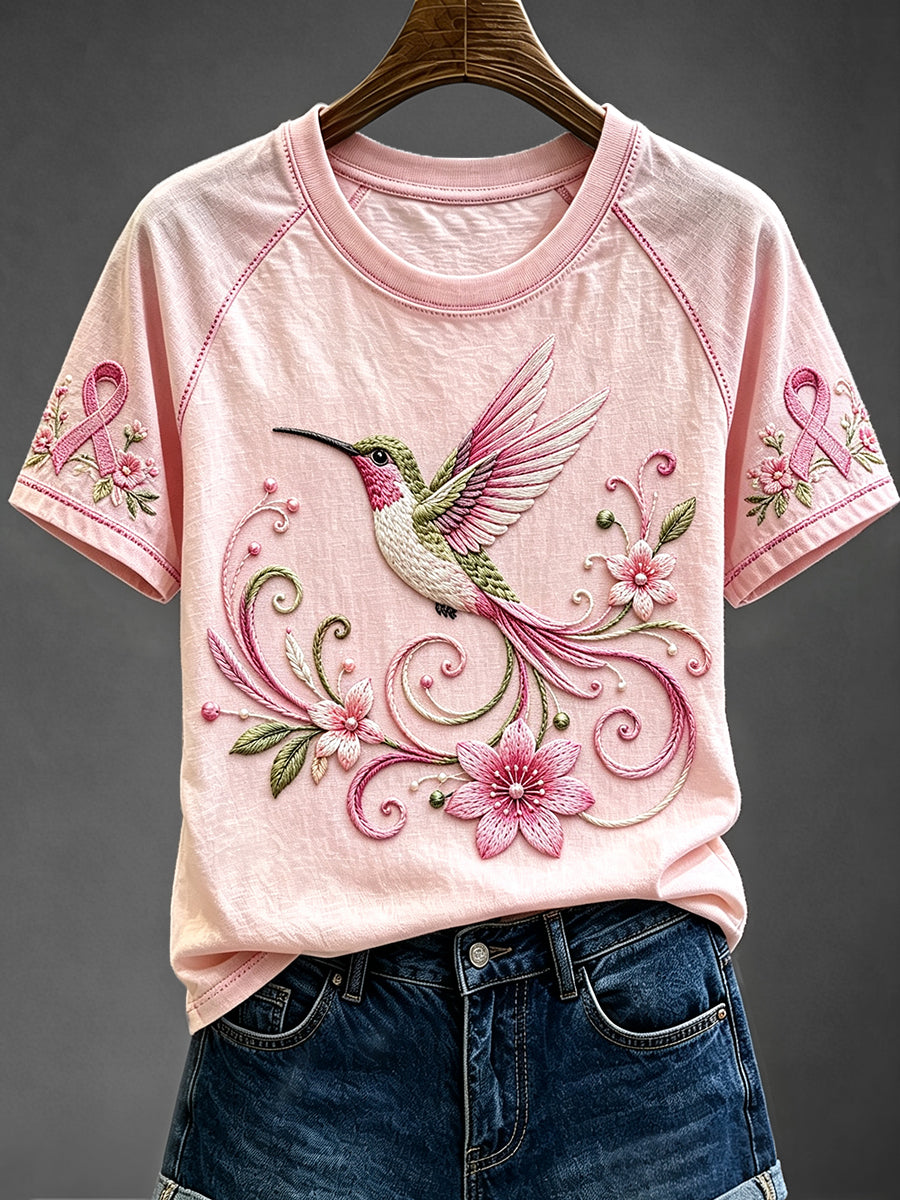 Women's Hummingbird Floral Pink Ribbon Print Round Neck Short Sleeve T-shirt