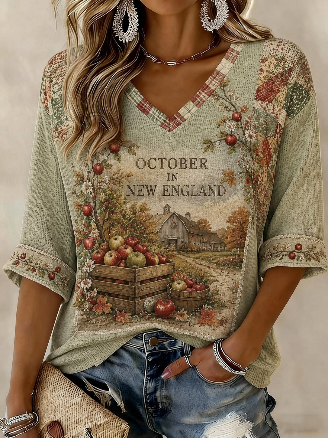 Women's OCTOBER IN NEW ENGLAND Printed Mid-length Sleeves V-neck T-shirt