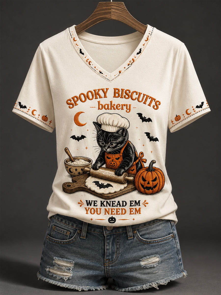 Women's Halloween Black Cat Spooky Biscuits Bakery Pumpkin Print Casual V-Neck Tee