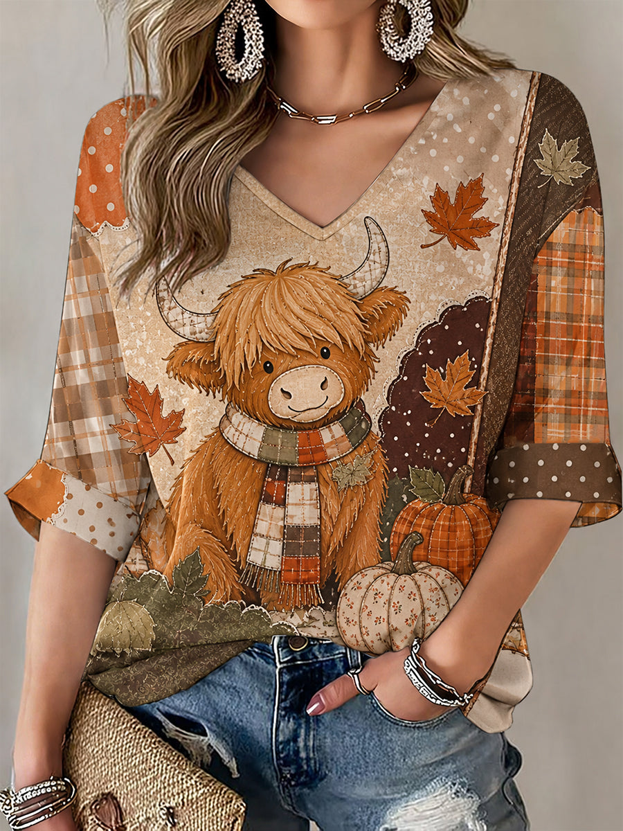 Women's Fall Patchwork Print Casual V-Neck T-Shirt