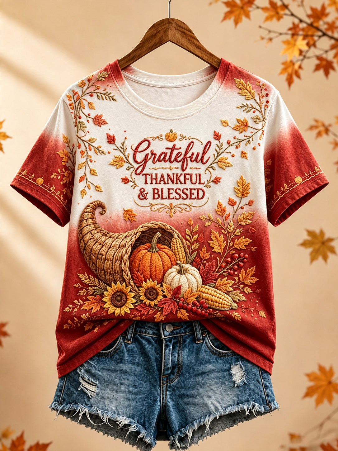 Women's Autumn Thanksgiving Themed Art Print Crew Neck Short Sleeve T-Shirt