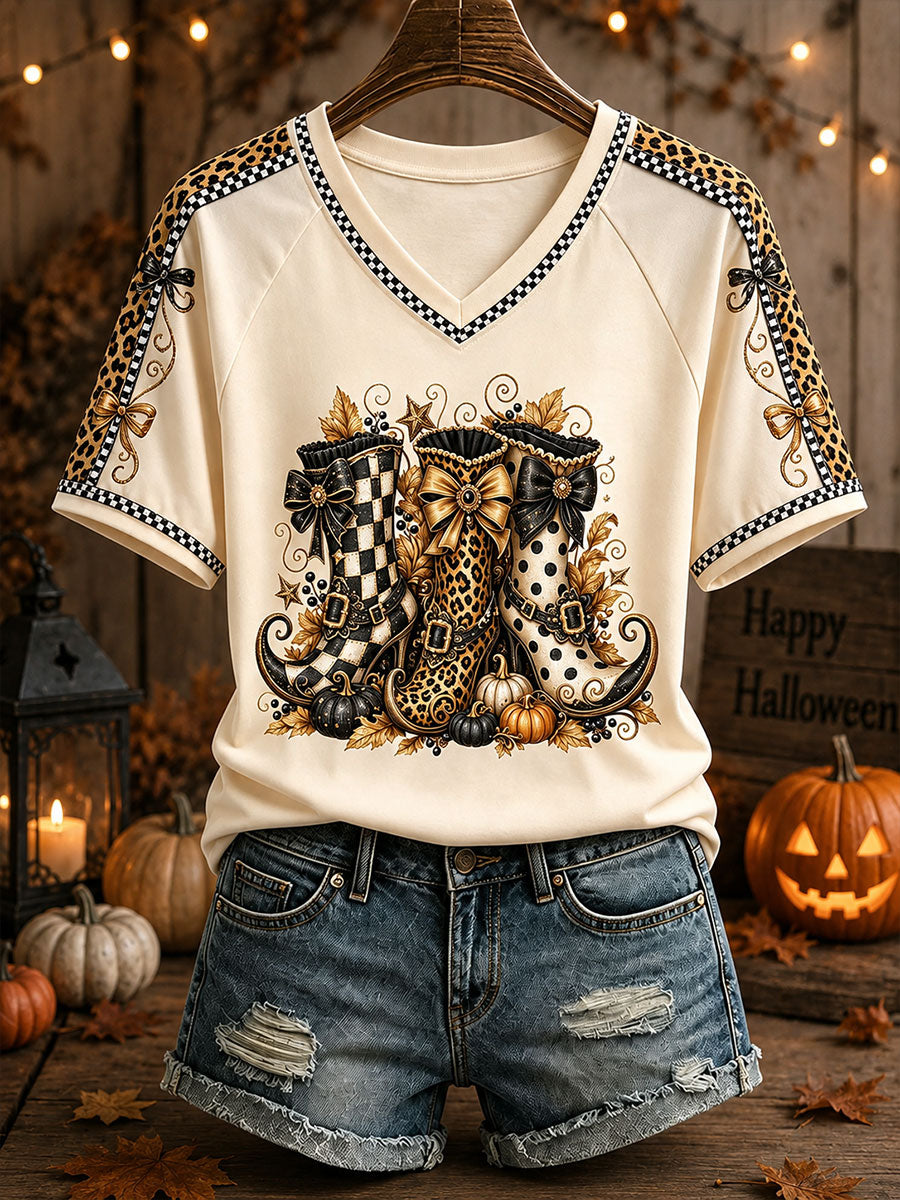 Women's Halloween Boots Print V-Neck T-Shirts