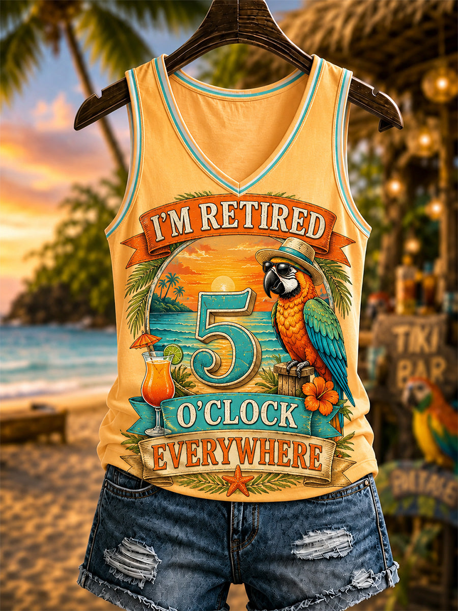 Women's I'm Retired It's 5 O'clock Everywhere Parrot Print Casual V-Neck Vest