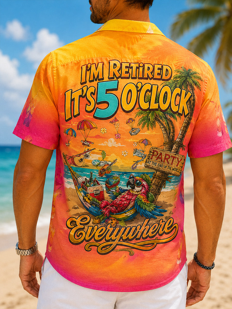 Men's I'm Retired It's 5 O'clock Everywhere Parrot Print Casual Short Sleeve Shirt