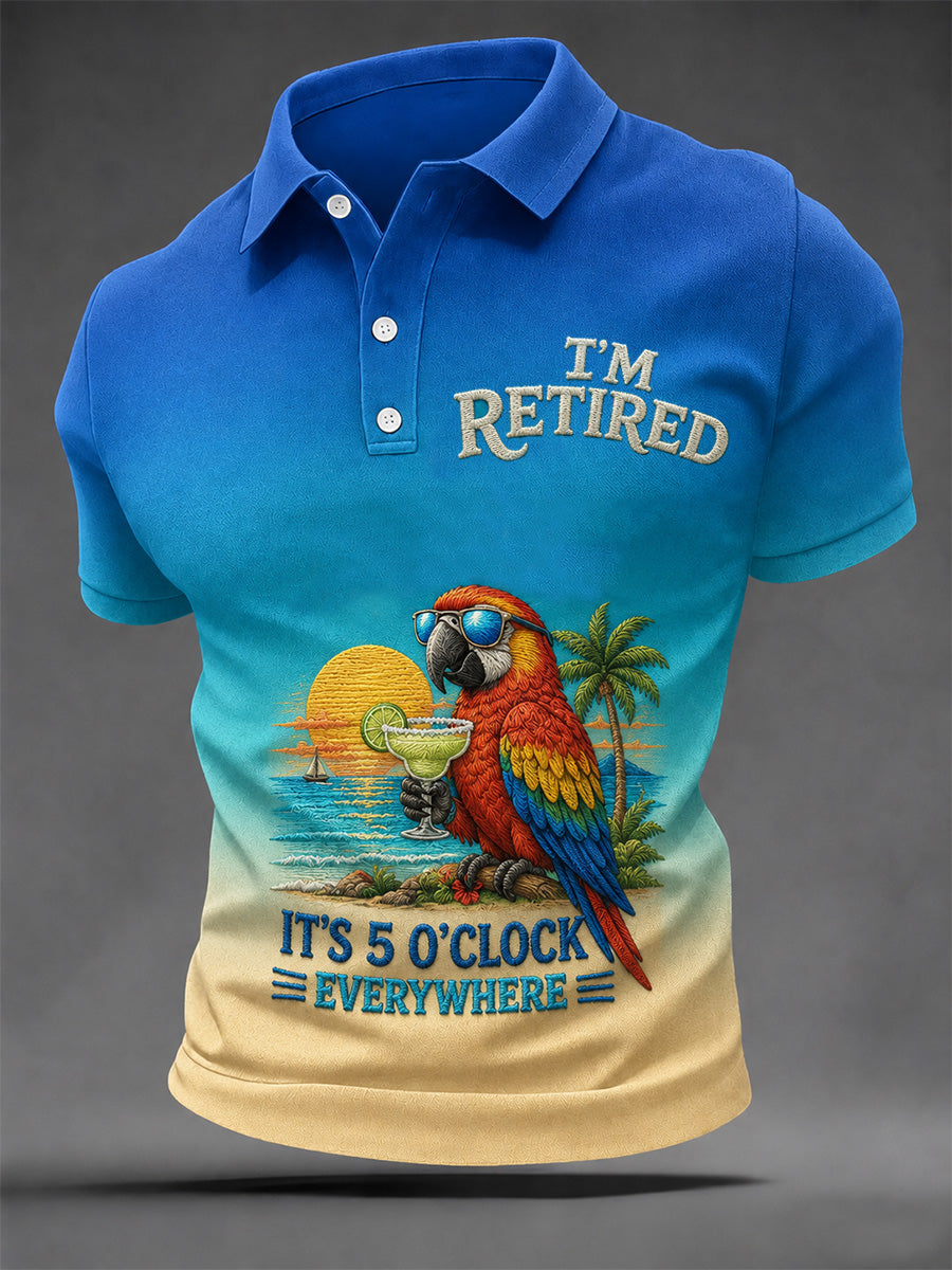 Men's I'm Retired It's 5 O'clock Everywhere Parrot Print Casual Polo