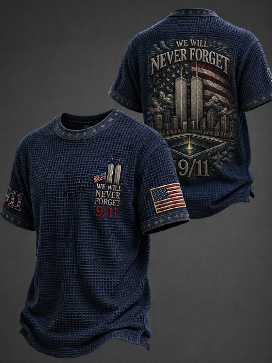 Men's WE WILL NEVER FORGET 9/11 25 YEARS 2001-2026 Waffle Tee