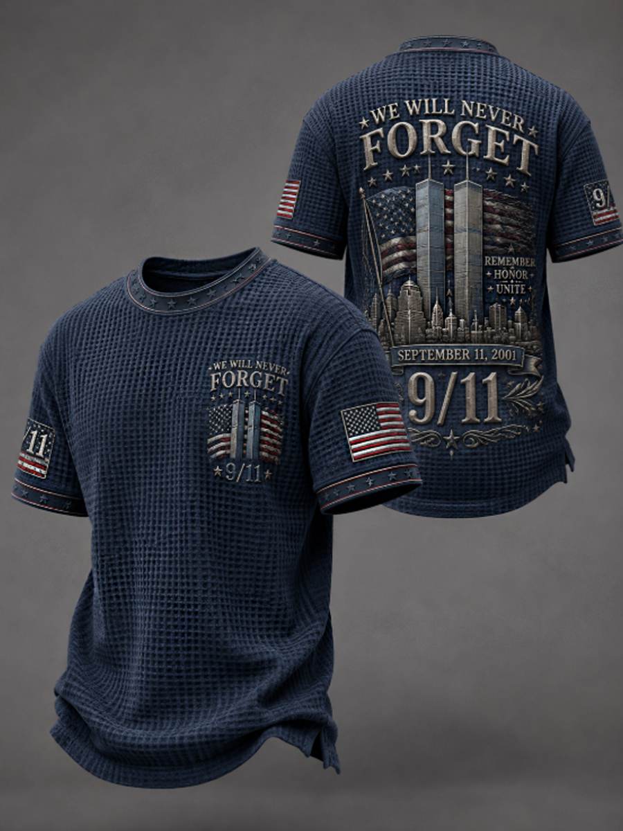 Men's WE WILL NEVER FORGET 9/11 25 YEARS 2001-2026 Waffle Tee