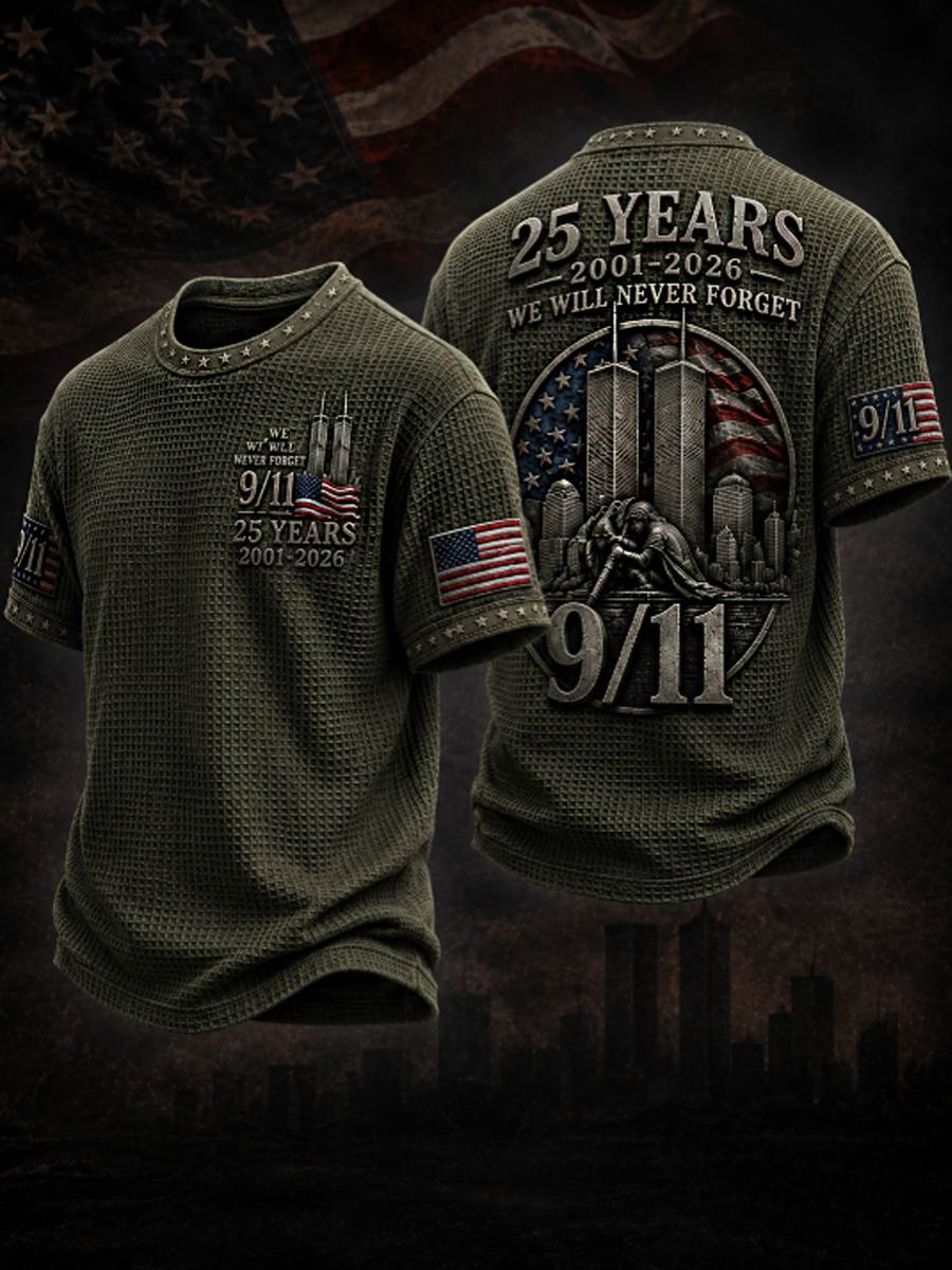 Men's WE WILL NEVER FORGET 9/11 25 YEARS 2001-2026 Waffle Tee