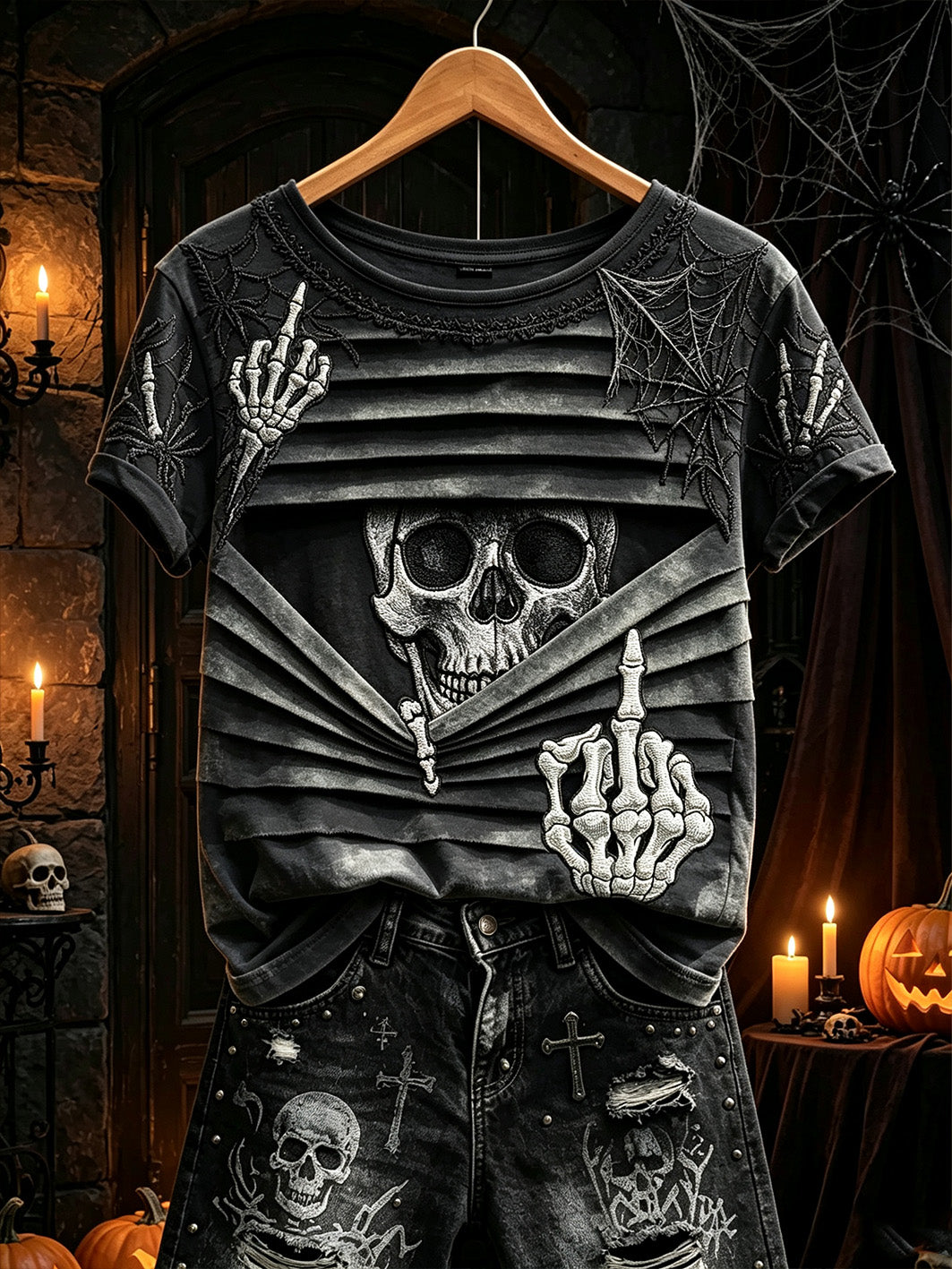 Women's dark Gothic skull pattern printed casual short-sleeve T-shirt