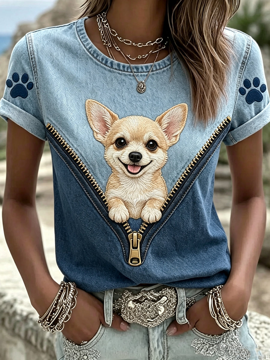 Women's Animal Dog Zipper Printed Vintage Fashion Loose Short Sleeve T-Shirt