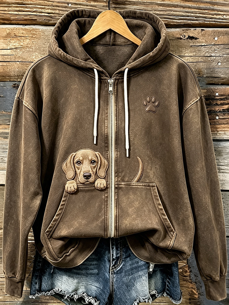 Women's Cute Peeking Labrador Dog with Paw Print Cozy Zip-Up Hoodie