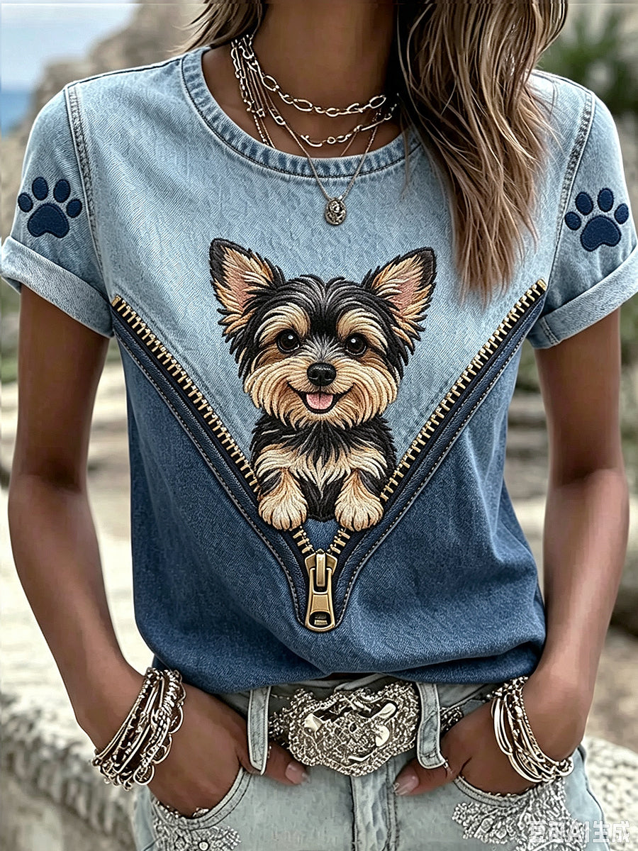 Women's Animal Dog Zipper Printed Vintage Fashion Loose Short Sleeve T-Shirt
