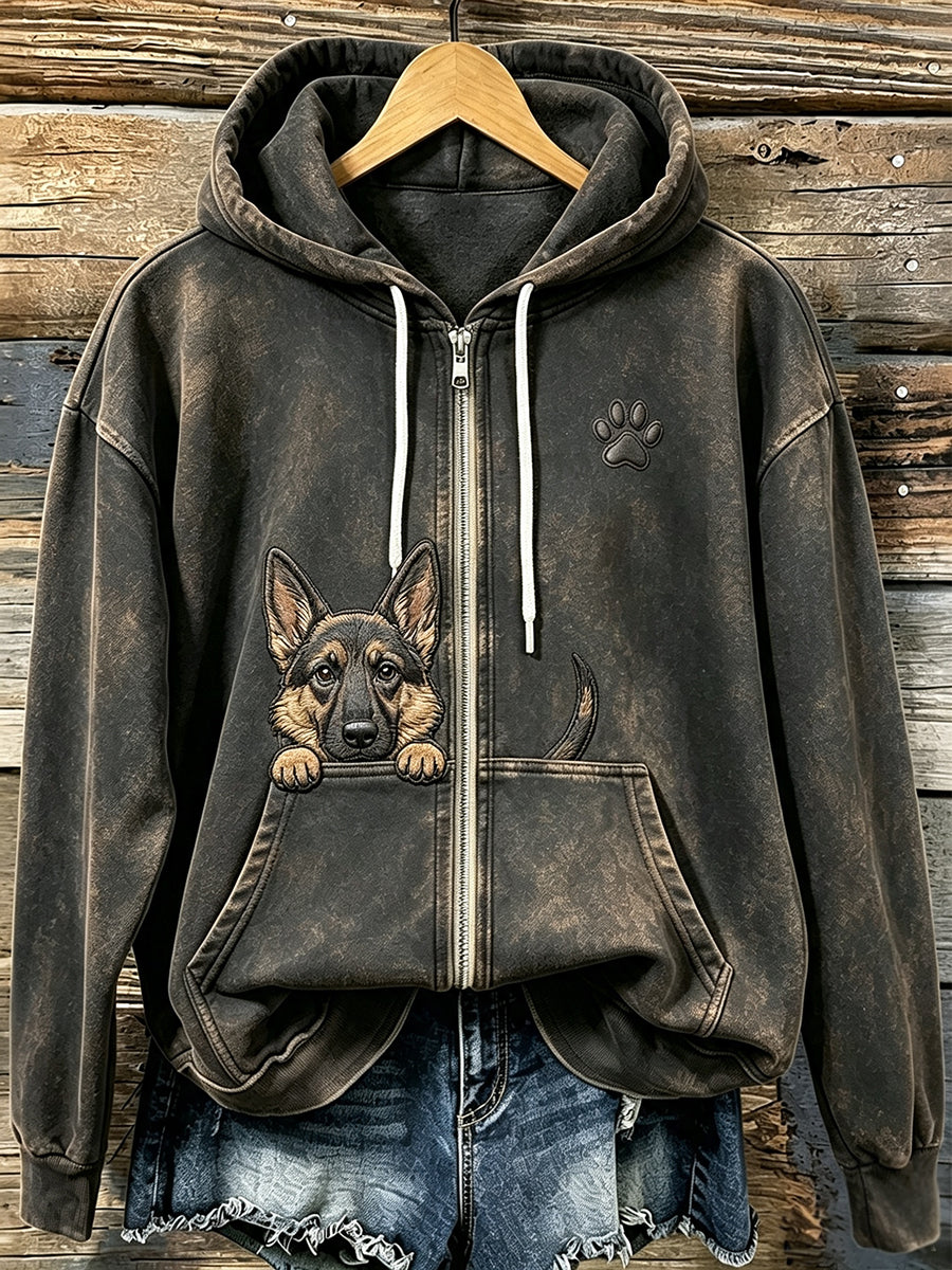 Women's Cute Peeking German Shepherd with Paw Print Cozy Zip-Up Hoodie