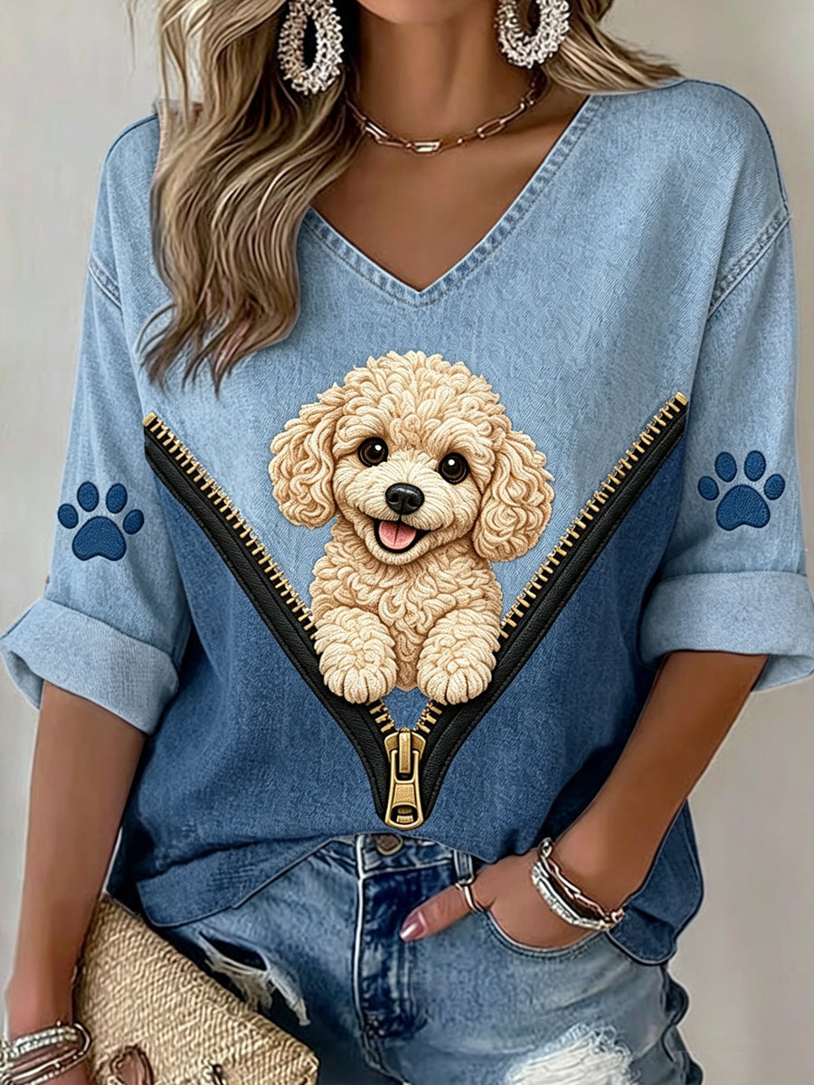 Women's Animal Dog Zipper Mid-Sleeve printed Casual T-shirt