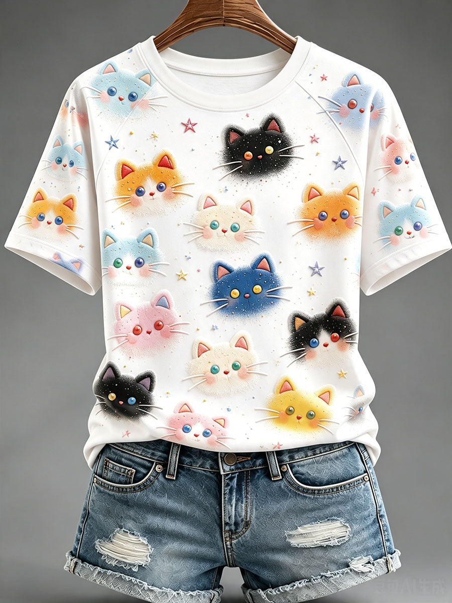 Women's Colorful Cats Print T-Shirts