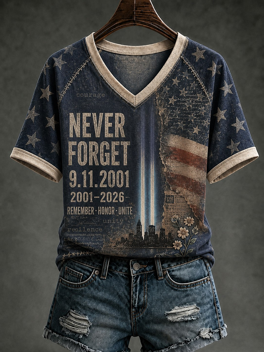 Women's 9.11 Never Forget Printed V-neck T-shirt