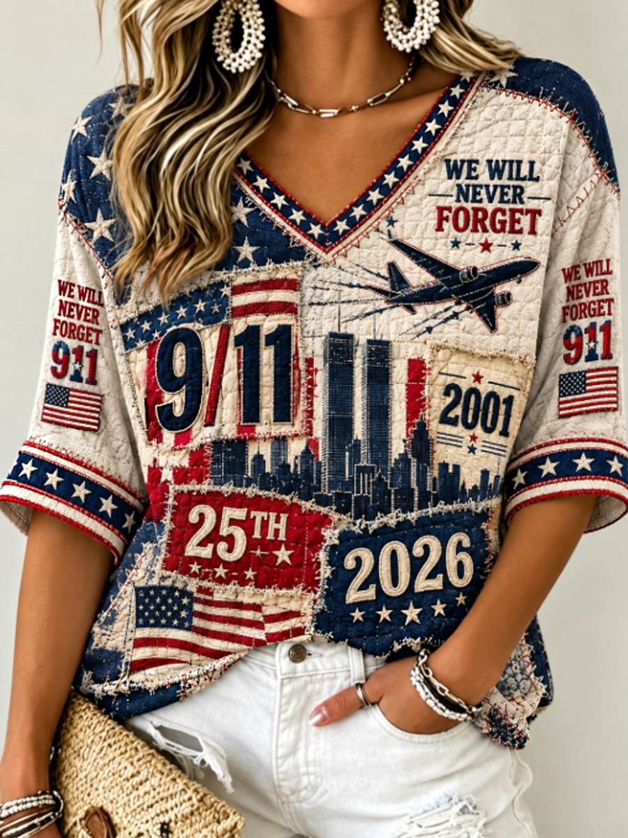 Women's We Will Never Forget 9 11 September 11 Mid-length Sleeves V-Neck T-Shirt