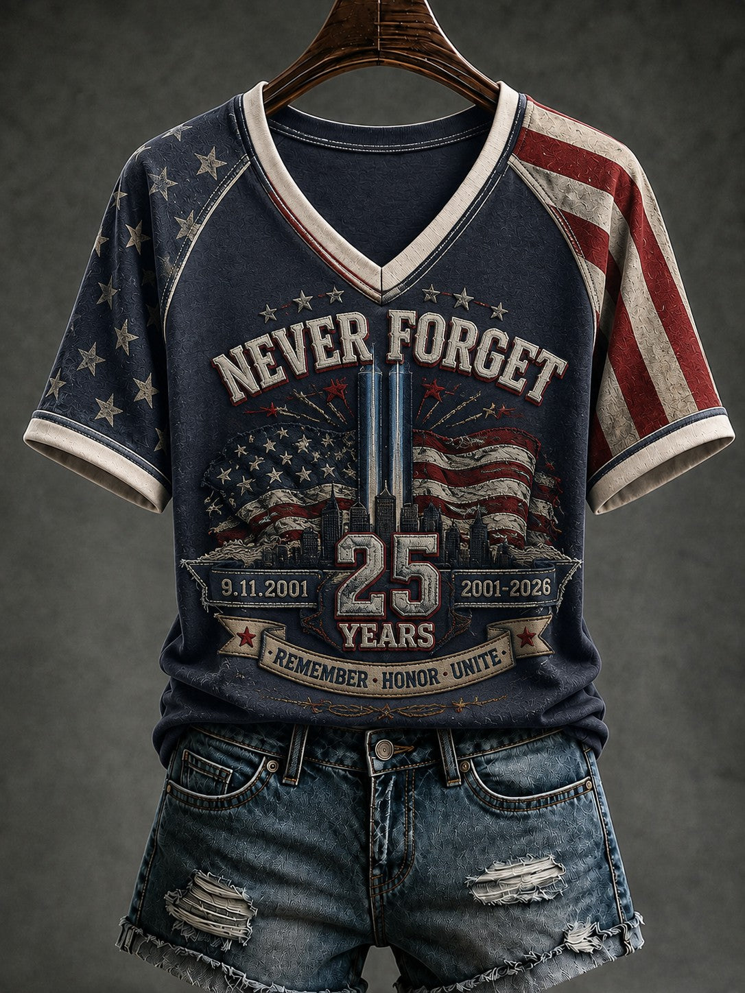 Women's 9.11 Never Forget Printed V-neck T-shirt