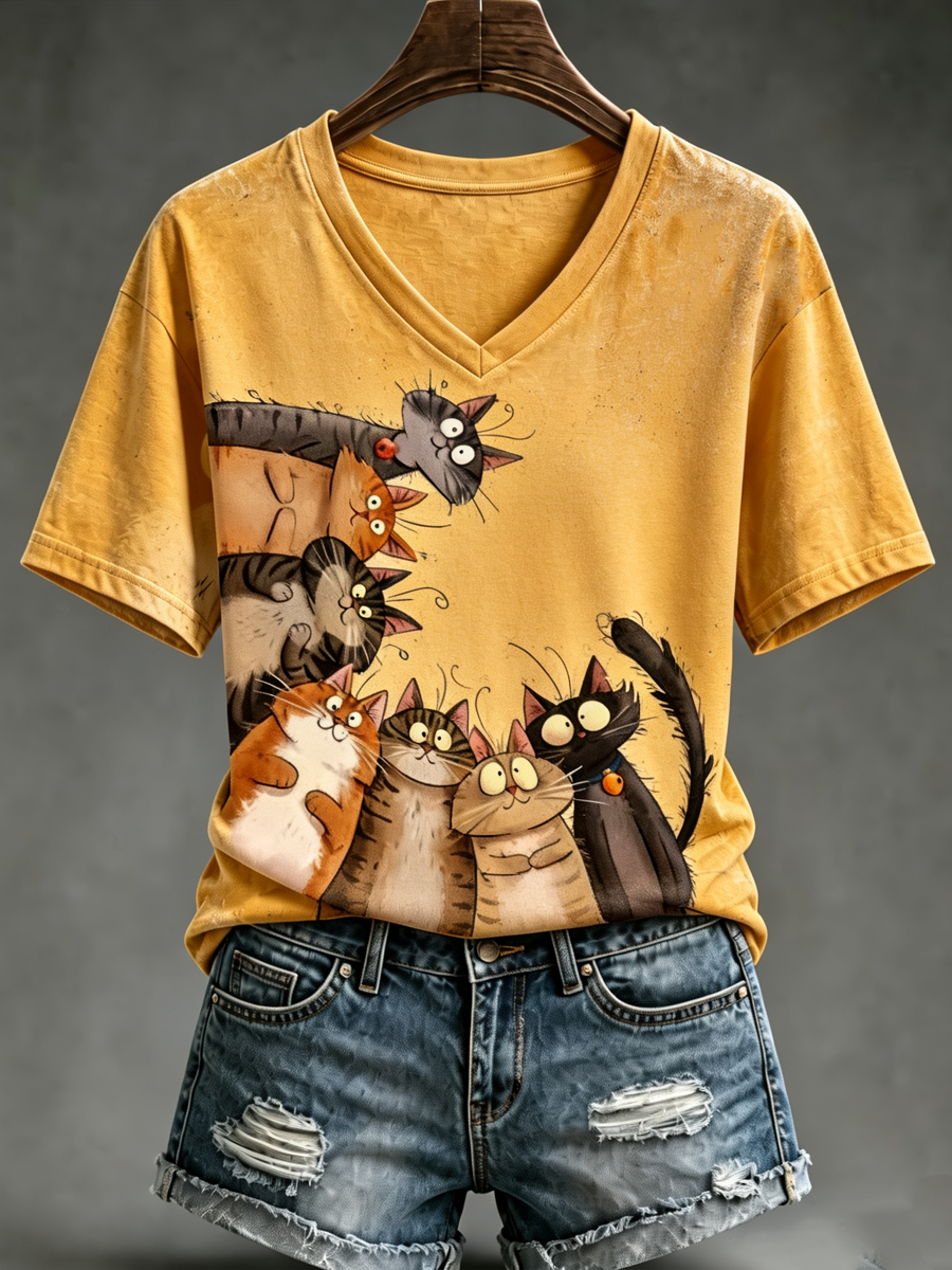 Women's Cute cat print short-sleeved T-shirt
