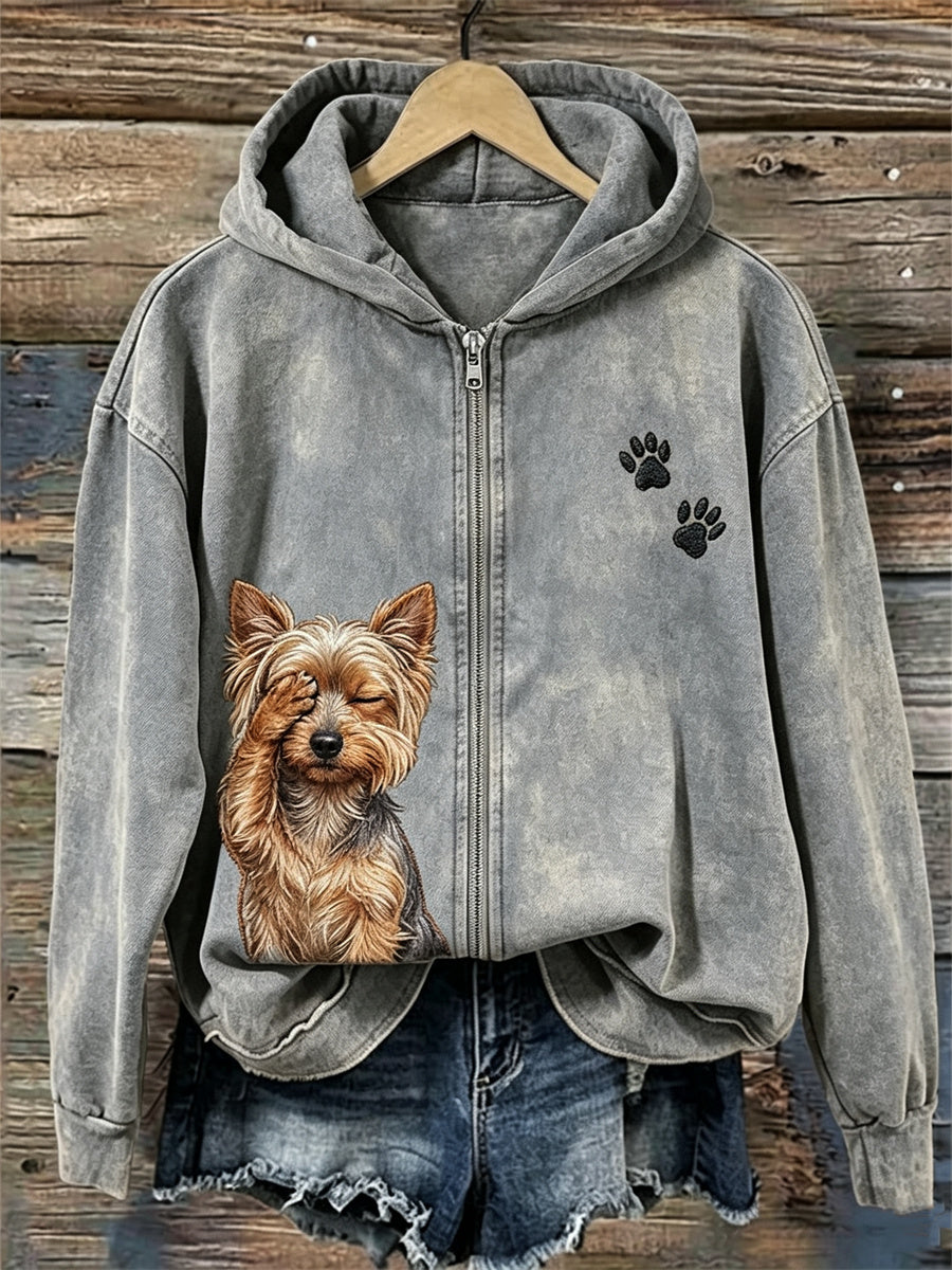Women's Funny Helpless Yorkshire Dog & Paw Print Full Zip Cozy Hoodie