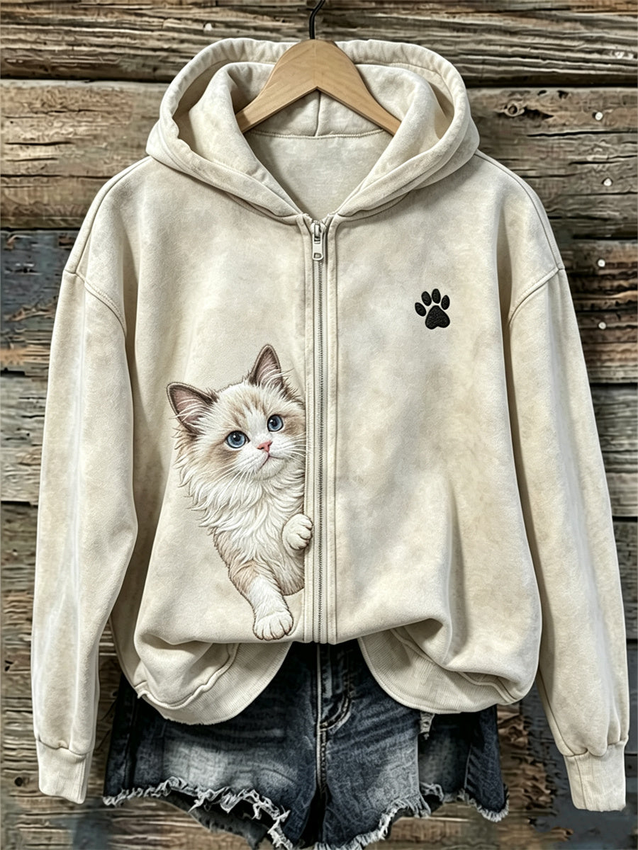 Women's Peeking Ragdoll Cat & Paw Print Full Zip Cozy Hoodie