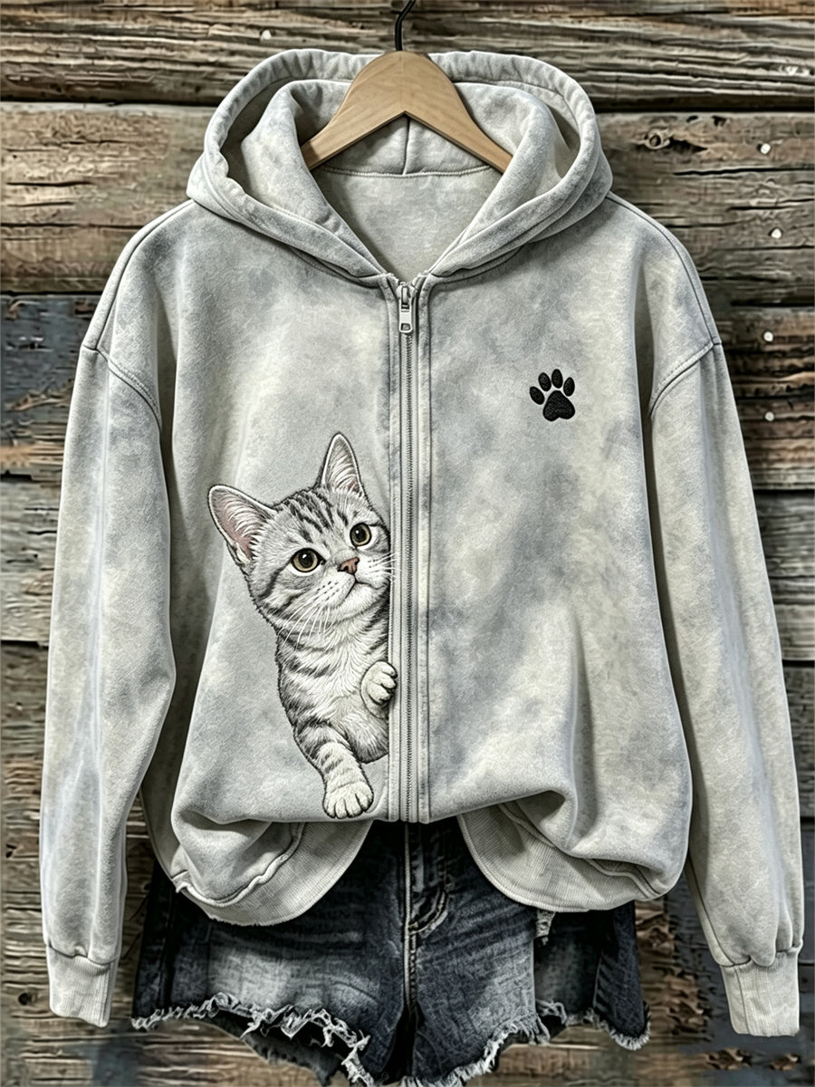 Women's Peeking American Shorthair Cat & Paw Print Full Zip Cozy Hoodie