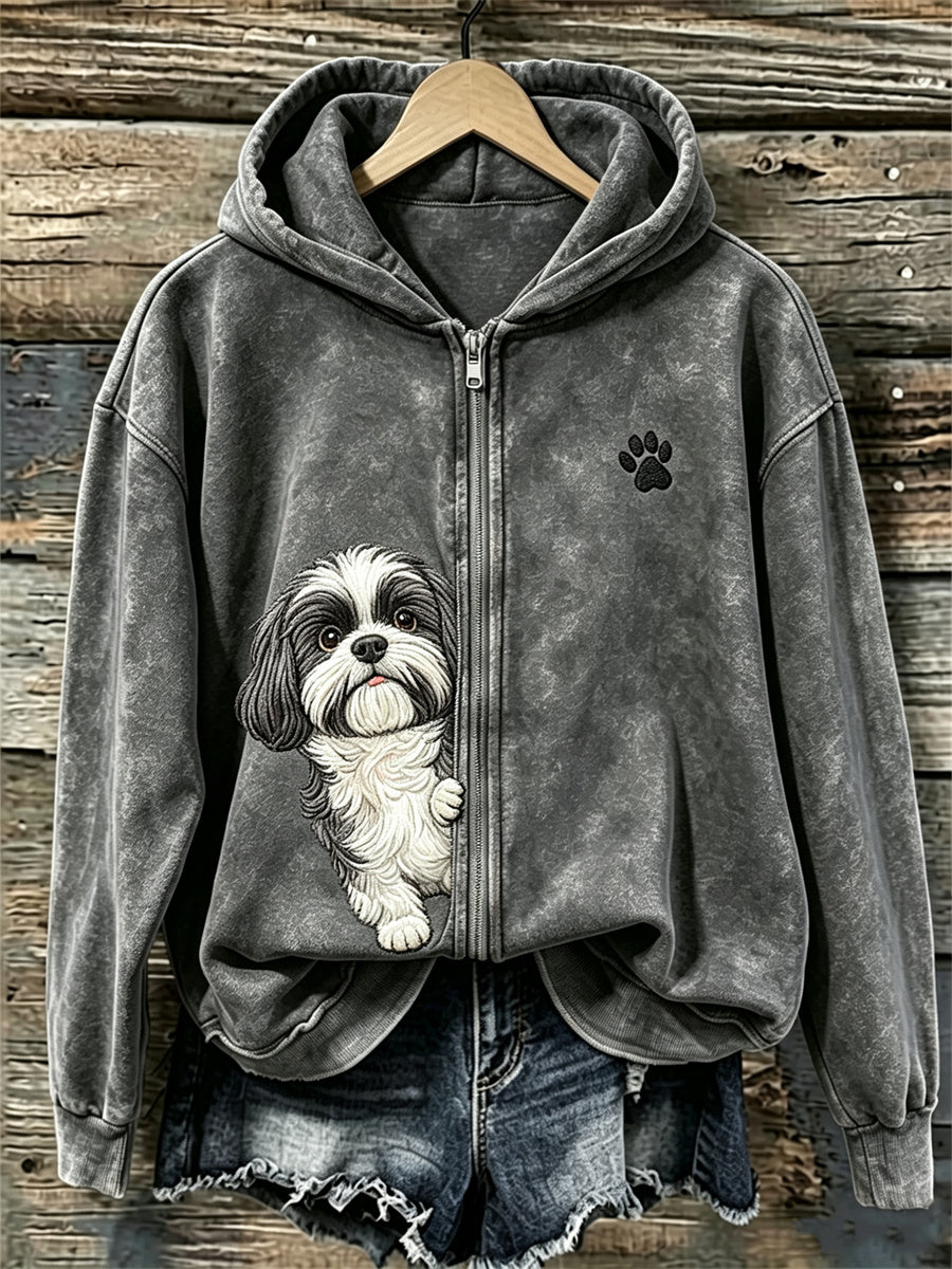 Women's Peeking Shih Tzu Dog & Paw Print Full Zip Cozy Hoodie