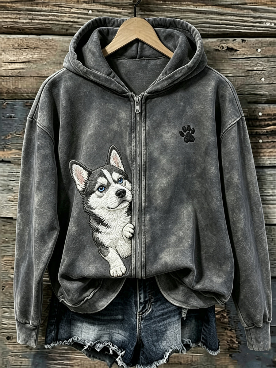 Women's Peeking Husky Dog & Paw Print Full Zip Cozy Hoodie
