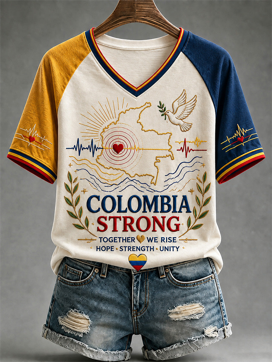 Women's Colombia Strong Print Casual V-Neck Tee