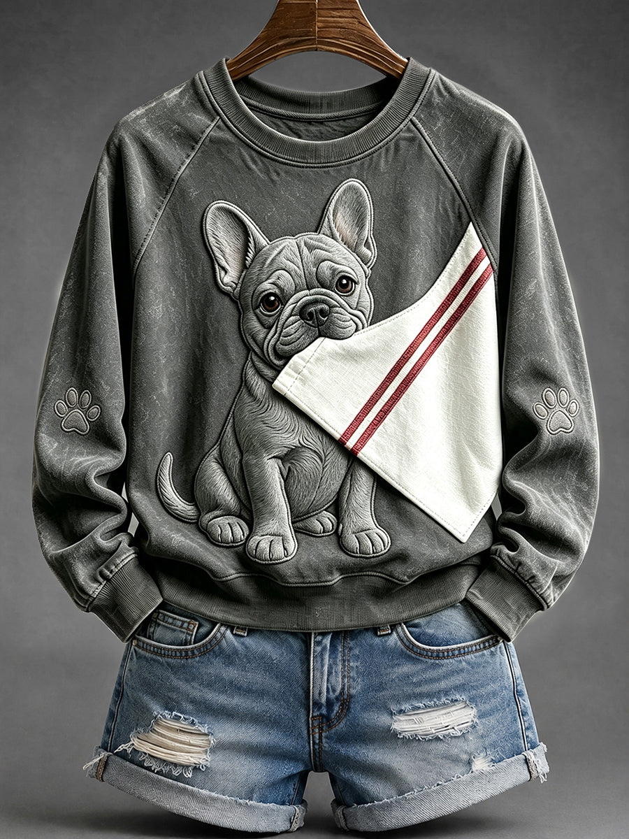 Women's Cute French Bulldog with Paw Print Raglan Sleeve Sweatshirt
