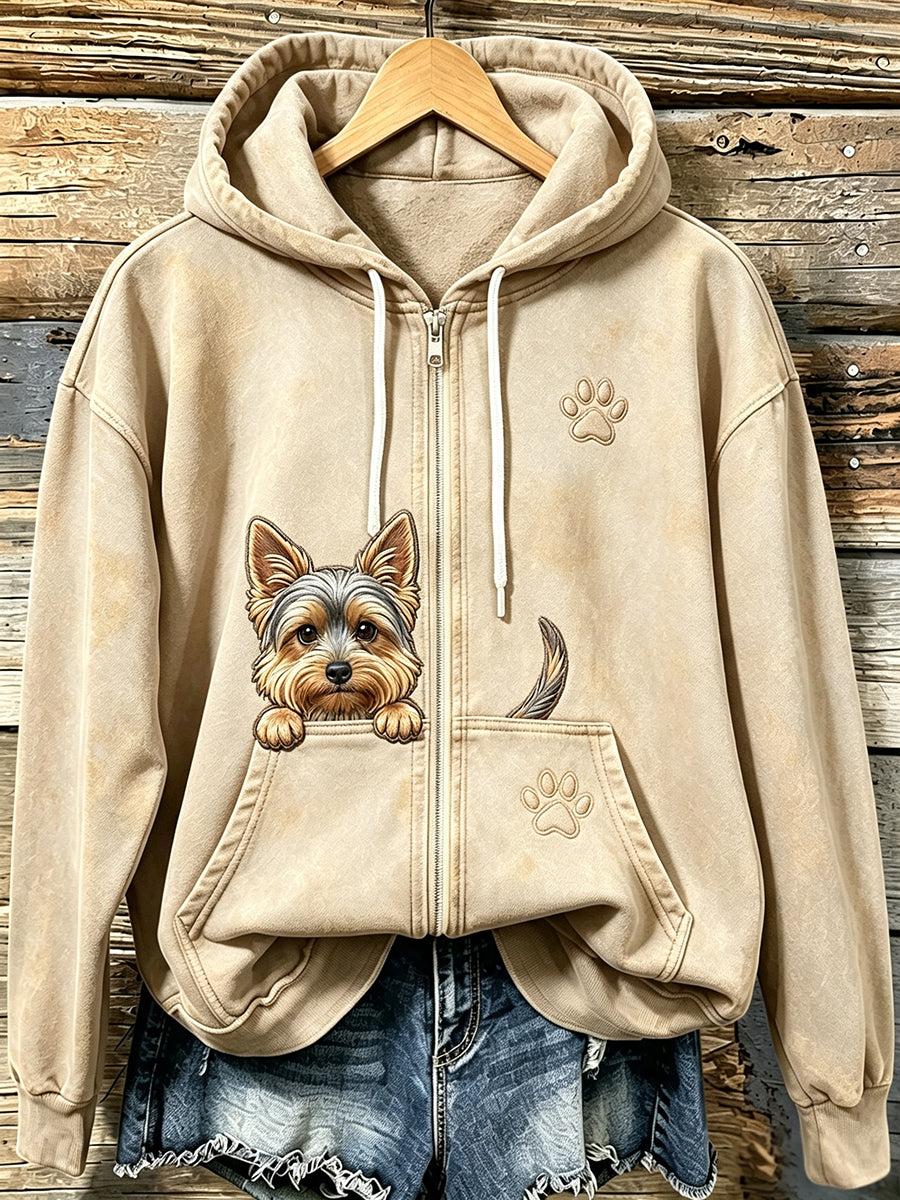 Women's Cute Yorkie Puppy with Paw Print Cozy Zip-Up Hoodie