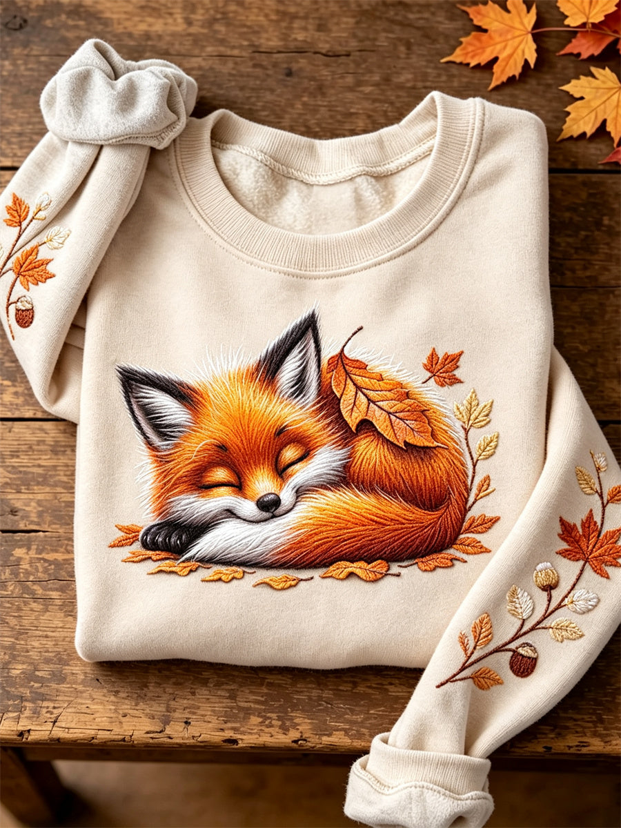 Women's Sleeping Fuzzy Fox Fall Forest Plants Art Print Sweatshirt