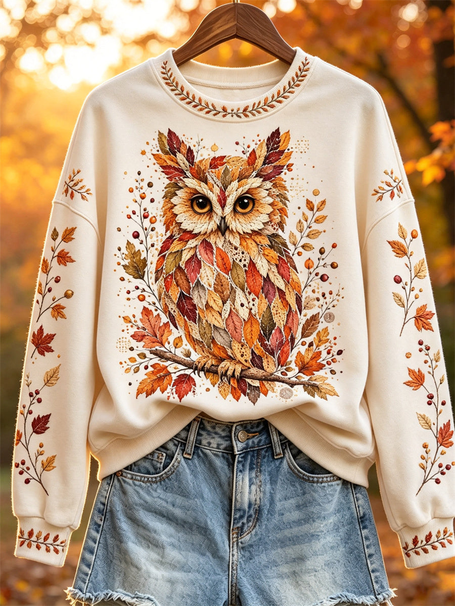 Women's Owl Fall Leaves Art Forest Plants Print Sweatshirt