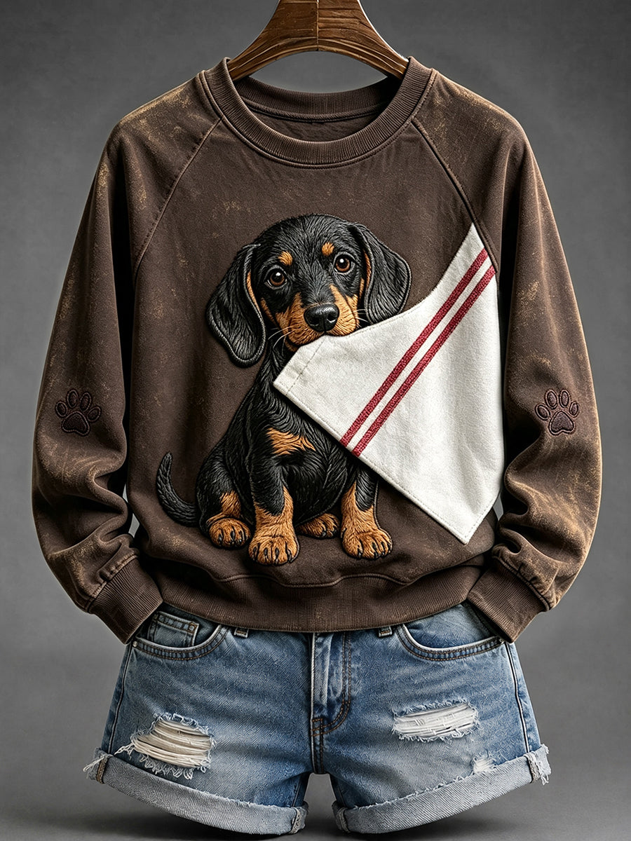 Women's Cute Dachshund with Paw Print Raglan Sleeve Sweatshirt