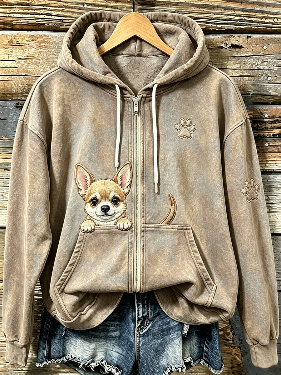 Women's Cute Chihuahua with Paw Print Zip-Up Cozy Hoodie
